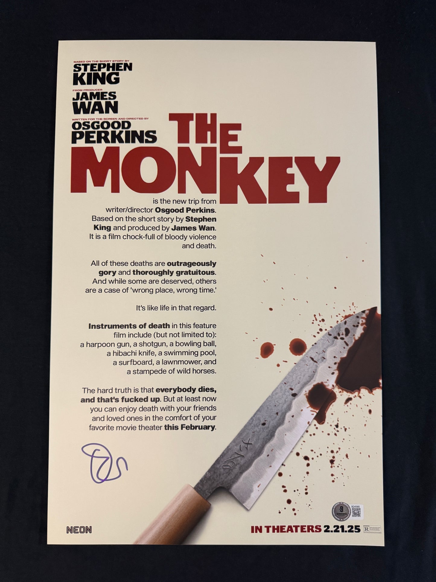 Osgood Perkins signed The Monkey 11x17 photo W/ Beckett COA