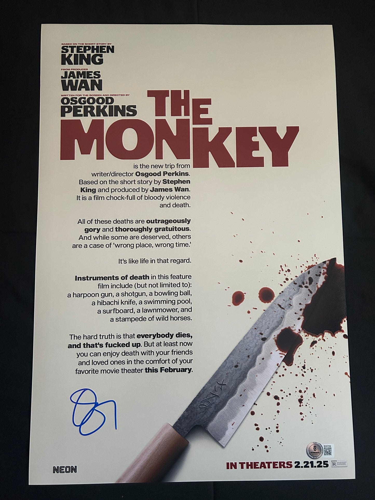 Osgood Perkins signed The Monkey 12x18 photo W/ Beckett COA