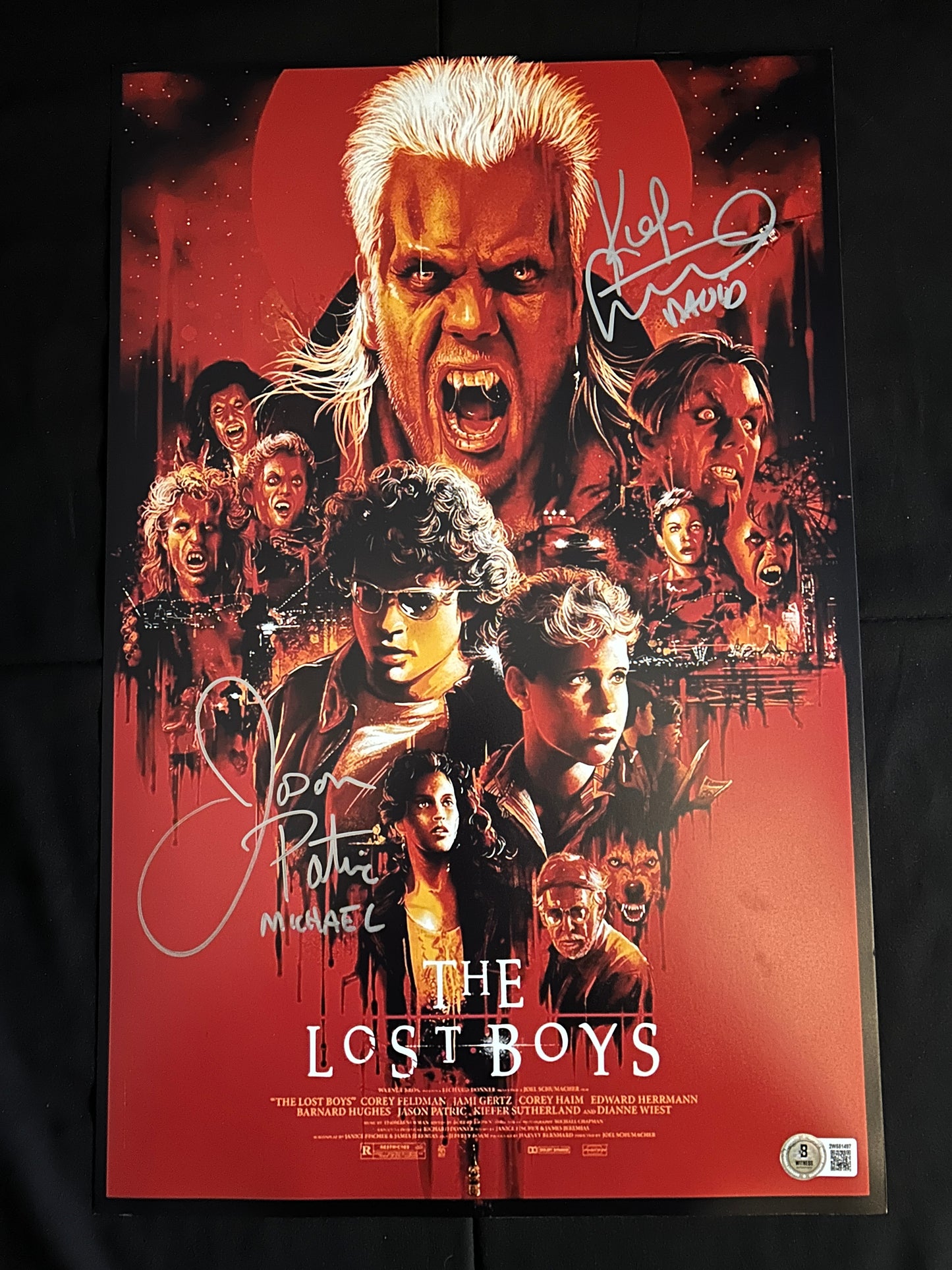 Kiefer Sutherland and Jason Patric signed The Lost Boys 11x17 photo W/Beckett witness COA