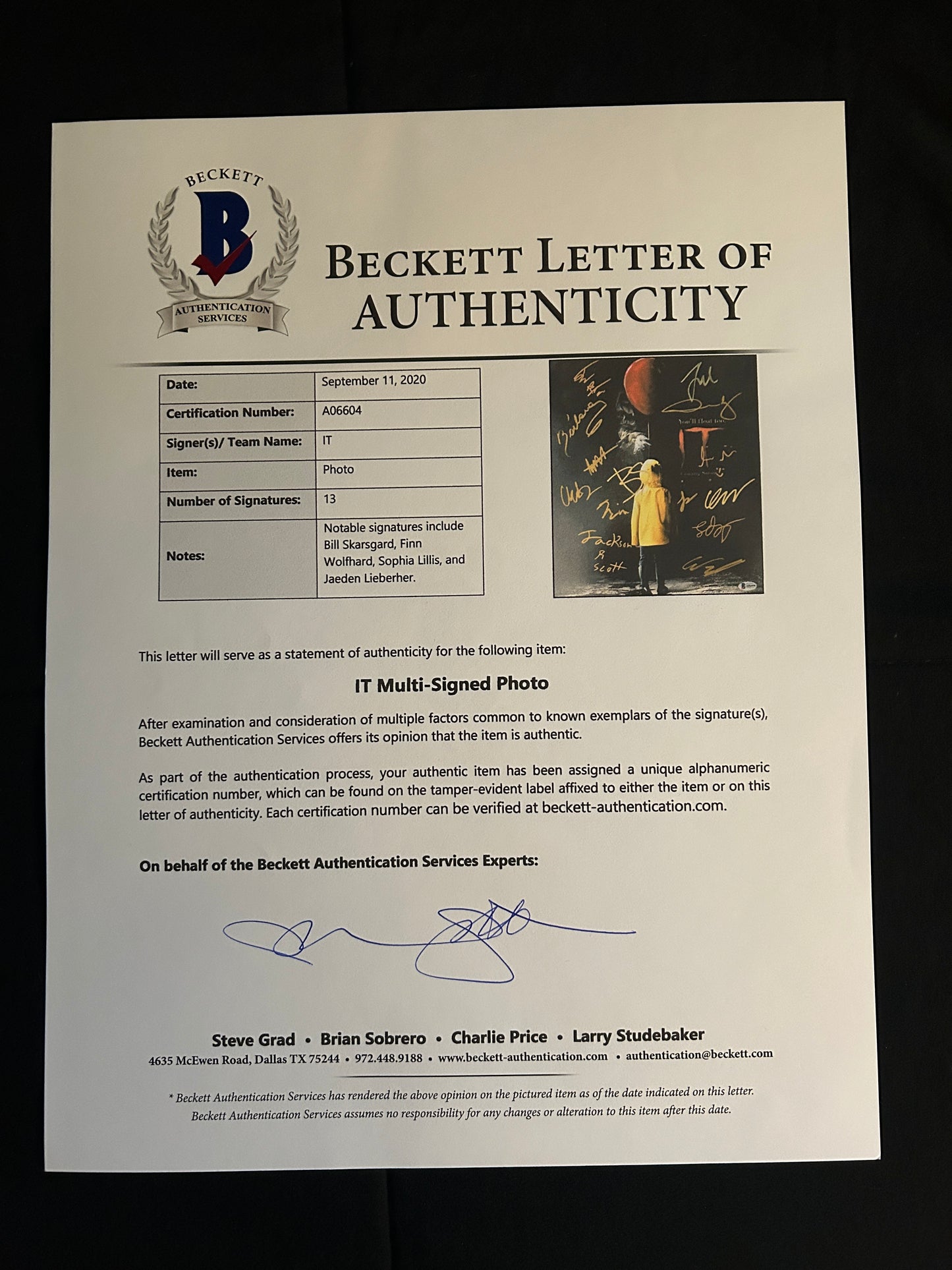 Bill Skarsgard + 12x cast signed IT 11x14 photo W/Beckett COA