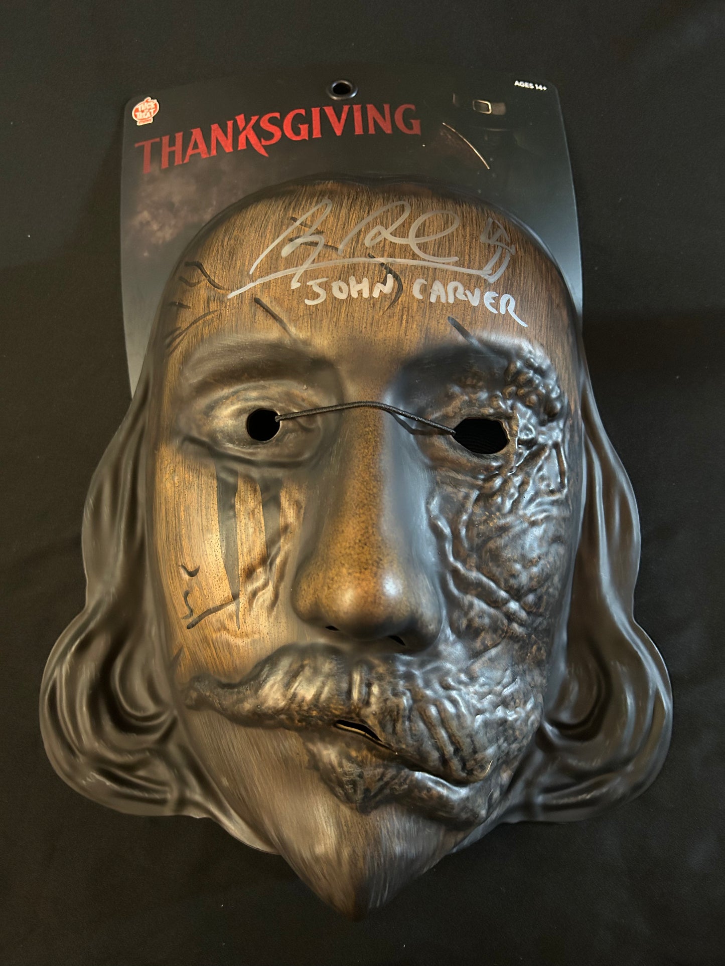 Alex Armbruster signed (Trick or Treat Studios) Thanksgiving Burned John Carver mask W/ Beckett witness COA