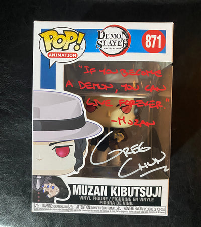 Greg Chun signed & inscribed Muzan Kibutsuji 871 Funko Pop W/ Beckett COA